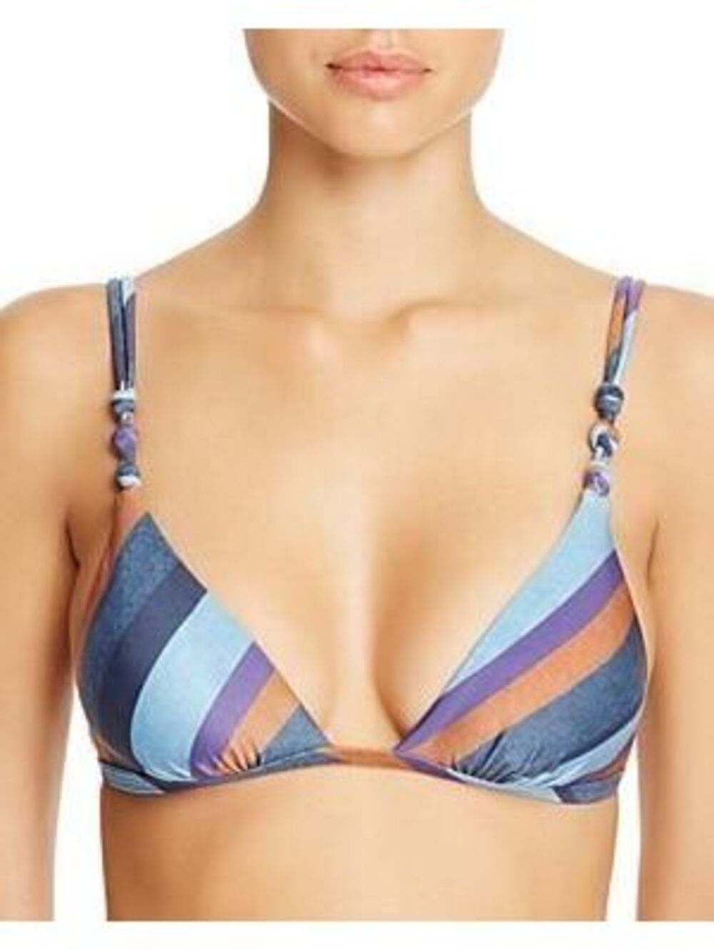 Women's Multi-Color Striped Triangle Bikini Top with Beaded Straps